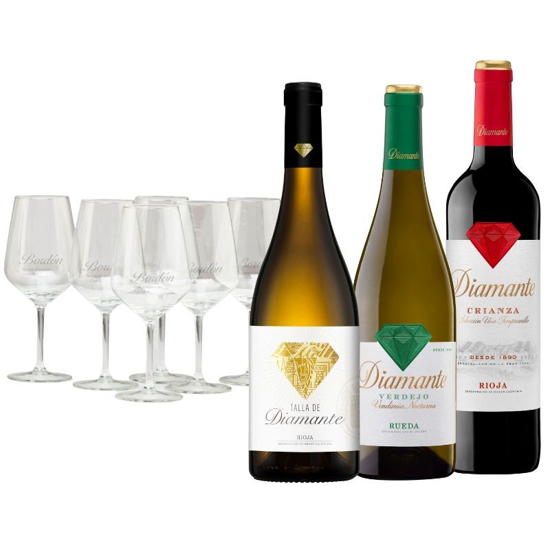 Pack 2 bot. Talla de Diamante, 2 bot. Diamante Verdejo y 2 bot. Diamante Crianza con regalo de 6 copas de vino