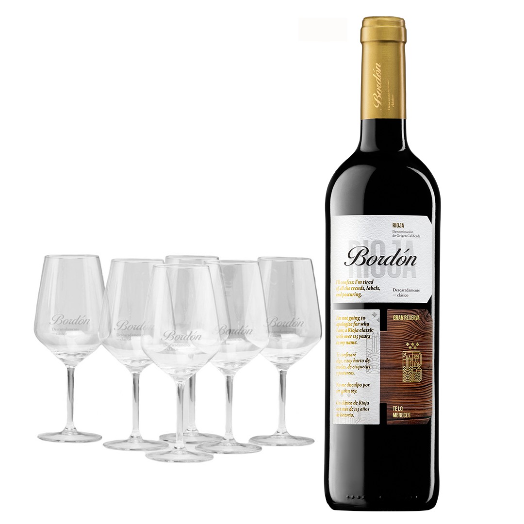 Pack 6 botellas Bordón Gran Reserva con regalo de 6 COPAS