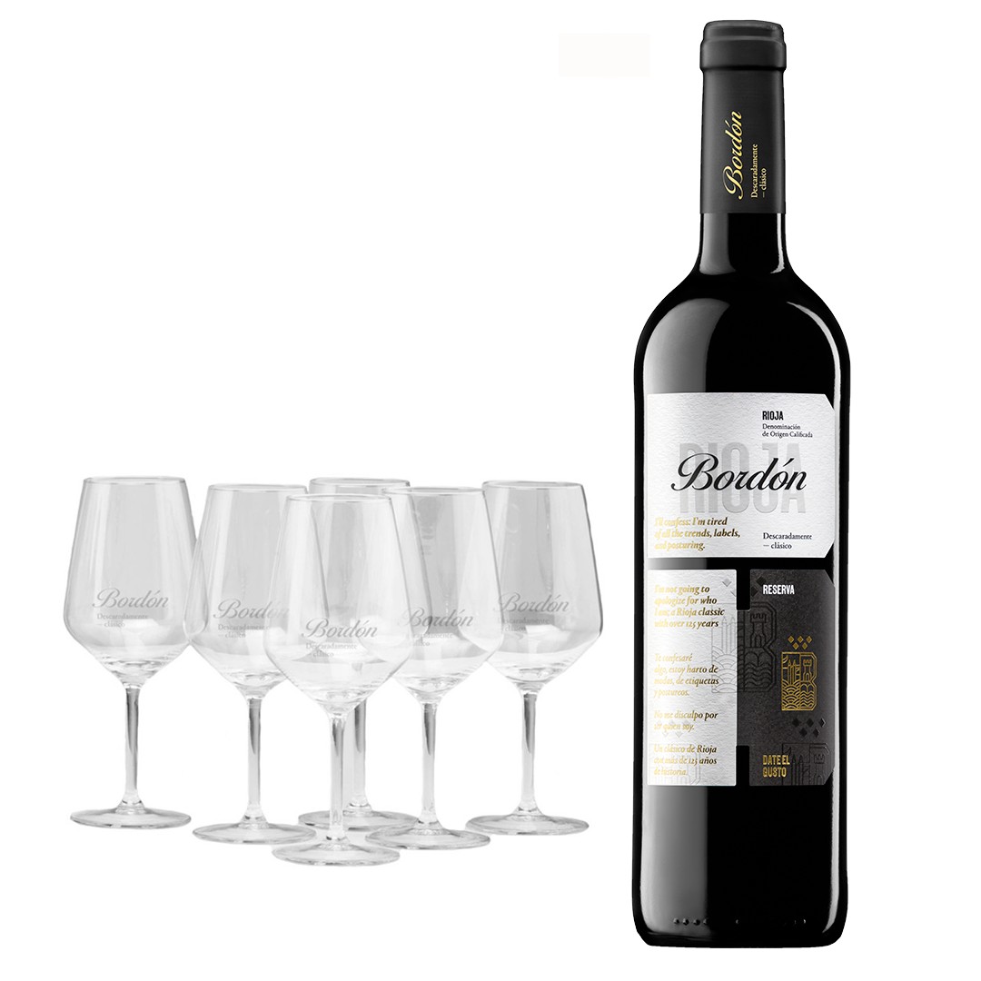 Pack 6 bot. Bordón Reserva con regalo de 6 Copas de vino